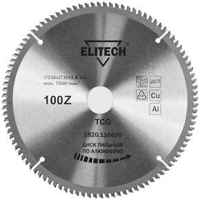 Диск пильный 216х30 100зуб алюминий Elitech 1820.116600