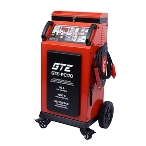 GTE-PC170 - Устройство пуско-зарядное 6-12-24V/60-750Ач/1000А передвижное GTE - 
Вход: 230В, 50Гц
Выход: 6В/5А,10А,45А или 12В/10А,45А,70А или 24В/10А,45А,60А
Мощность: 2.5кВт-20кВт
Пусковой ток: 1000А 5с ВКЛ, 240с ВЫКЛ

